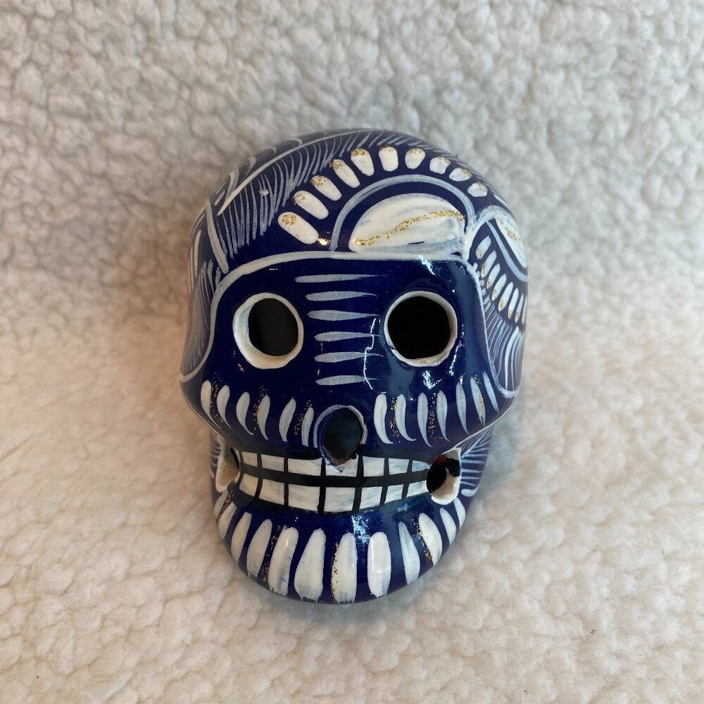 Mexican Art Skull Blue 3" Day of the Dead Sugar Skull Pottery Beautiful